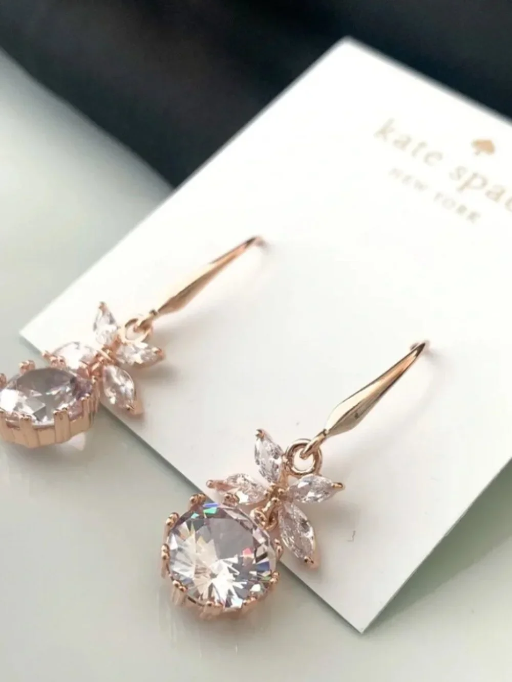 Kate Spade Crystal Floral Drop Earrings Rose Gold Tone Clear CZ Dangle Earrings